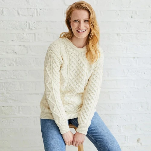 Supersoft Merino Wool Aran Crewneck Sweater White ShamrockGifts.com