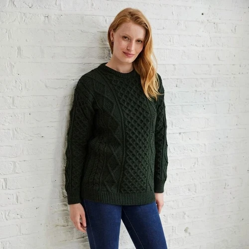 Supersoft Merino Wool Aran Crewneck Sweater Green ShamrockGifts.com