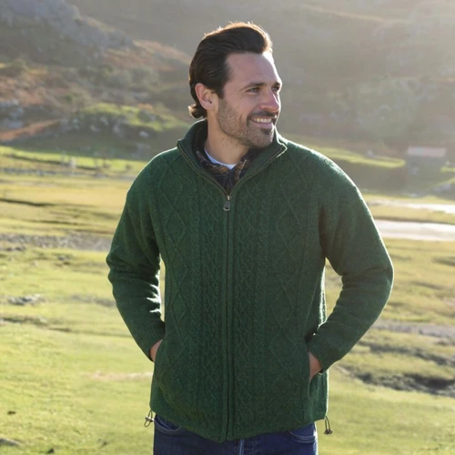 Men's Irish Shetland Wool Zip Front Cardigan Green ShamrockGifts.com