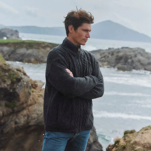 Men's Irish Shetland Wool Zip Front Cardigan Charcoal Lifestyle ShamrockGifts.com