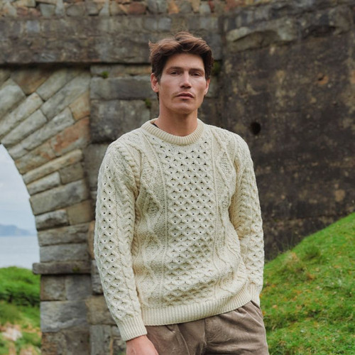 Aran Worsted Wool Crewneck Sweater White Lifestyle ShamrockGift.com