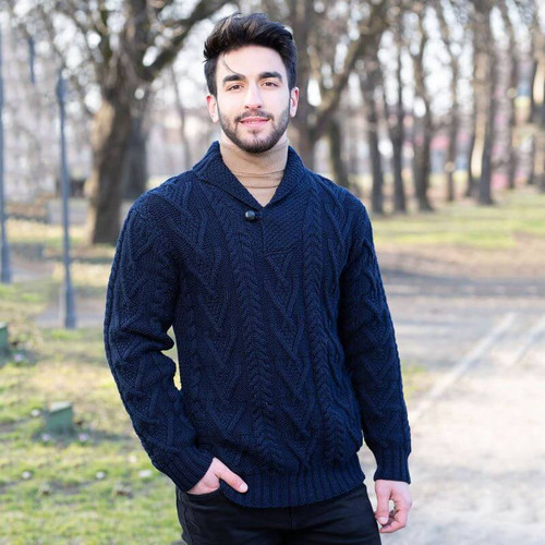 MM203104 Men's Single Button Shawl Collar Aran Sweater ShamrockGift.com