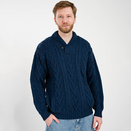 MM203110 Men's Single Button Shawl Collar Aran Sweater  Ocean Blue ShamrockGift.com
