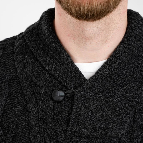 MM203 101 Men's Single Button Shawl Collar Aran Sweater Charcoal Collar View ShamrockGift.com