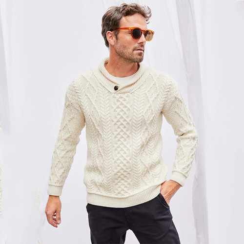 B414367 Single Button Shawl Collar Aran Sweater ShamrockGift.com