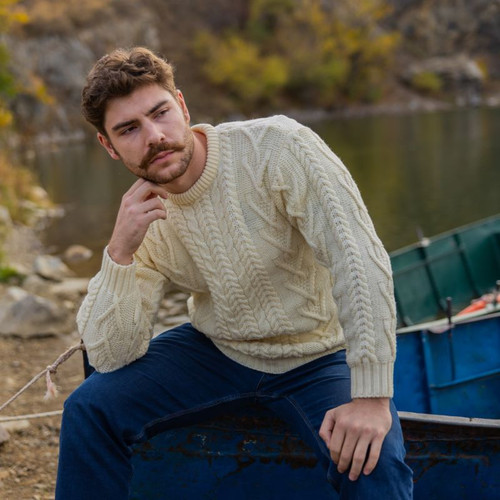 MM202 Natural Traditional Men's Crew Neck Aran Sweater Shop on ShamrockGift.com