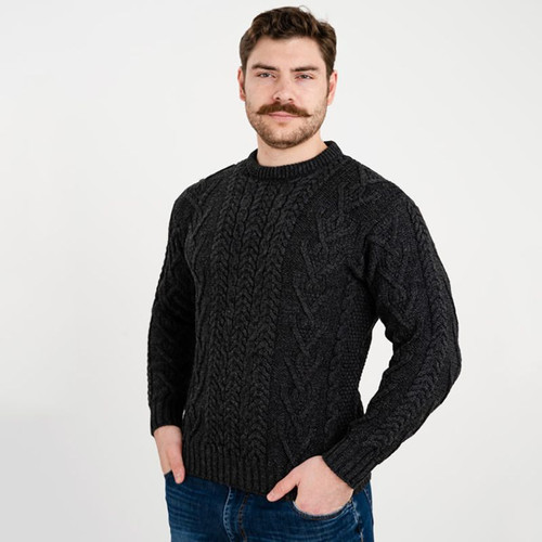 MM202 Charcoal Traditional Men's Crew Neck Aran Sweater Front View ShamrockGift.com