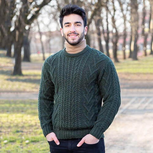 Army Green Traditional Men's Crew Neck Aran Sweater MM202 Army Green shamrockgift.cm