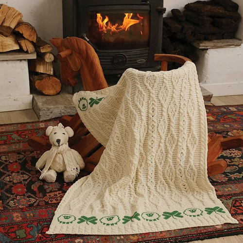 SAOL Irish Merino Wool Baby Blanket with Sheep and Shamrock Design Natural SA448 ShamrockGift.com