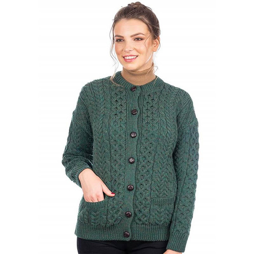 SAOL Women's Irish Aran Wool Lumber Jacket Cardigan Sweater Army Green SA570 front ShamrockGift.com