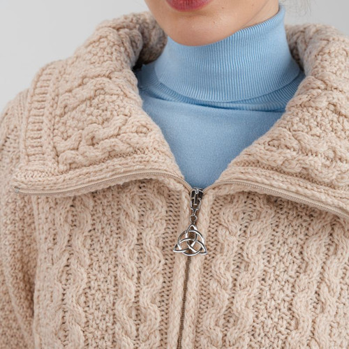 ML106-109 Aran Cable Knit Double Collar Zipped Cardigan Closeup View Zip ShamrockGift.com