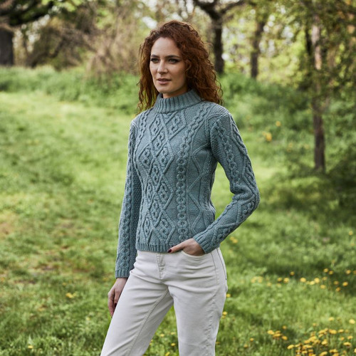 SAOL Soft Merino Ladies Diamond Aran Sweater ML905 Misty Blue ShamrockGift.com