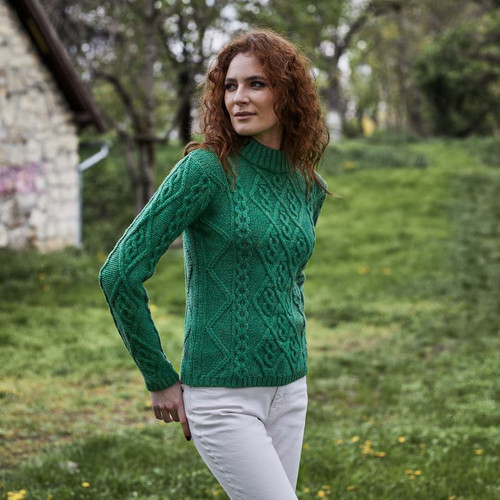 SAOL Soft Merino Ladies Diamond Aran Sweater ML905 Green ShamrockGift.com