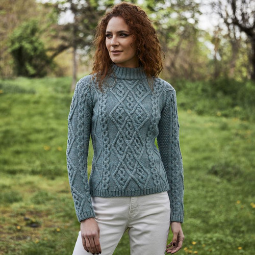 ML905-113 Misty Blue Color SAOL Soft Merino Ladies Diamond Aran Sweater Shop On ShamrockGift.com ML905-113 Misty Blue Color SAOL Soft Merino Ladies Diamond Aran Sweater Shop On ShamrockGift.com