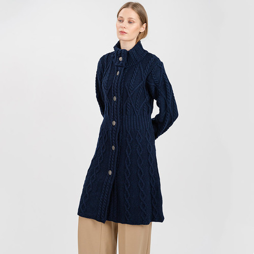 ML126 104 NAVY BLUE Colour Irish Aran Cable Jacket Merino Wool with Raised Collar Studio Shamrockgift.com