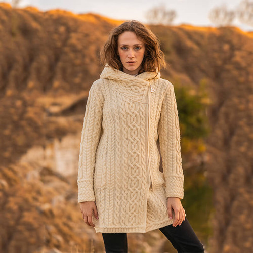 ML144 100%Natural Merino Wool Aran Knitted Coatigan In White Color ShamrockGift.com