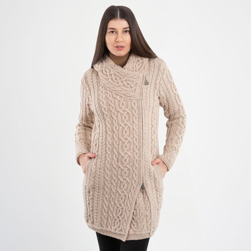 ML144 Parsnip Color Women's Hooded Aran Zipper Coat Front ShamrockGift.com