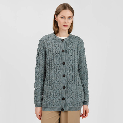 ML115-113 Traditional Crew Neck Irish Cable Knit Cardigan Closed ShamrockGift.com