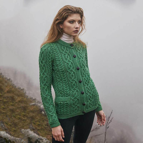 saol Ladies Traditional Aran Cardigan ML115 Green Shamrockgift
