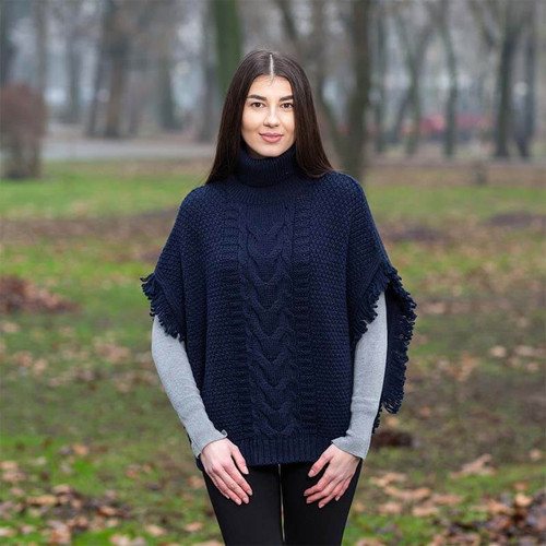 SAOL Aran Cowl Neck Poncho ML129 Navy ShamrockGift.com