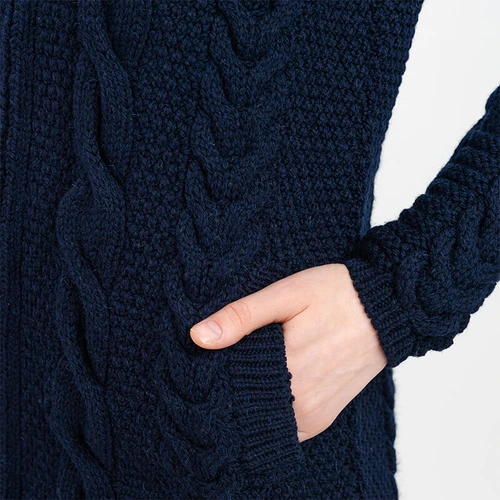 ML110-104 Aran Cable Knit Women's Merino Wool Coat Closeup Pocket View  Shamrockgift.com