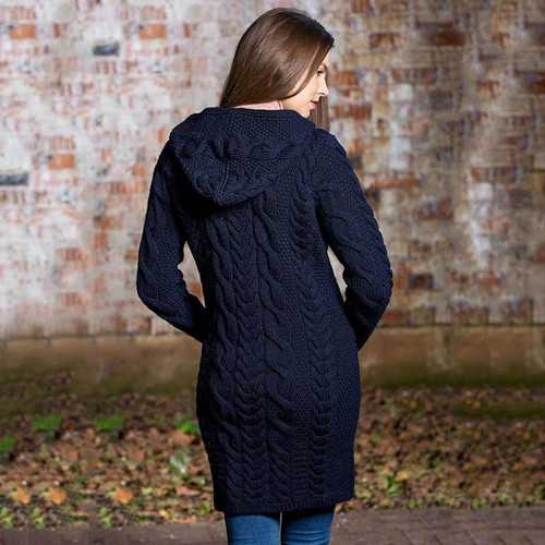 SAOL Aran Cable Knit Hooded Zip Coatigan Navy back ML110 ShamrockGift.com