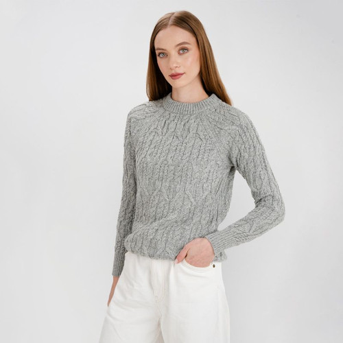 SAOL Women's Supersoft Wool Knit Irish Cable Crew Neck Sweater Grey AWL103 Studio ShamrockGift.com