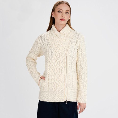 ML136-100 Natural White Color Cable Knit Side Zip Cardigan ShamrockGift.com