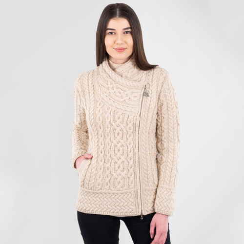 ML136-109 Natural White Color Cable Knit Side Zip Cardigan ShamrockGift.com