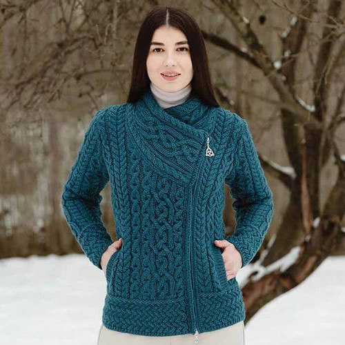 Ladies Long 3-Pattern Collared Merino Cardigan | Aran Woollen Mills