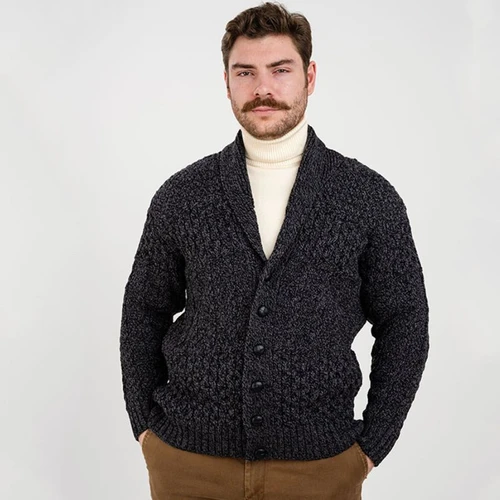 MM904 Men's Irish Aran Shawl Neck Cardigan Charcoal Front ShamrockGift.com