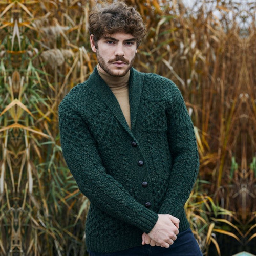Pure Wool Aran Patchwork Cardigan with Shawl Collar | 100% Merino Wool