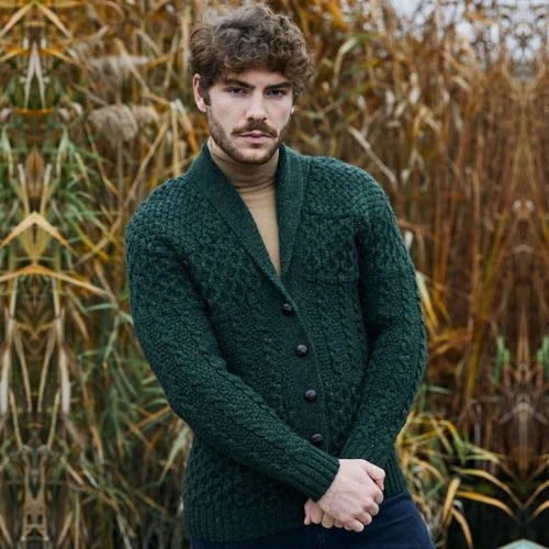MM904 Men's Irish Aran Shawl Neck Cardigan Army Green Front ShamrockGift.com