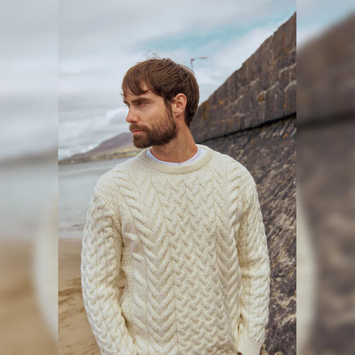 B689-367 Natural White Natural Traditional Men's Crew Neck Aran Sweater Front View ShamrockGift.com