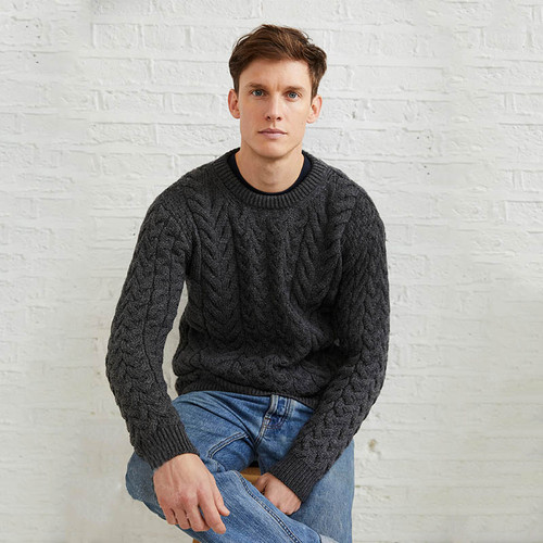 B689572 Natural Traditional Men's Crew Neck Aran Sweater ShamrockGift.com