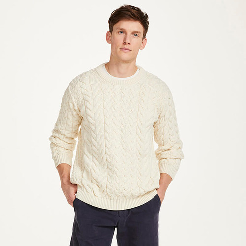 B689-367 Natural White Natural Traditional Men's Crew Neck Aran Sweater Front View ShamrockGift.com