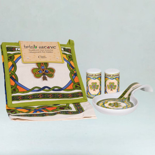 HI-Set-520-Irish Bone China Kitchen Set with Shamrock Tea Towel and Salt & Pepper and Spoon Rest ShamrockGift.Com.jpg