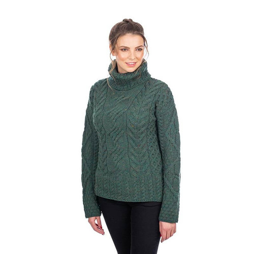 SAOL Ladies Roll Neck Aran Sweater Connemara Green SA303 Shamrockgift.com