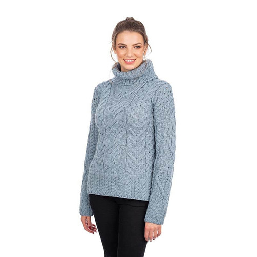 SAOL Ladies Roll Neck Aran Sweater Denim Blue SA303 Shamrockgift.com