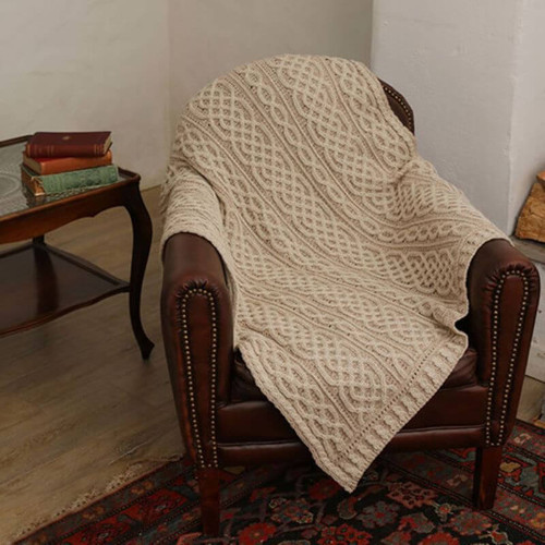 Classic Plaited Celtic Merino Wool Throw White Blend A105 ShamrockGift.com