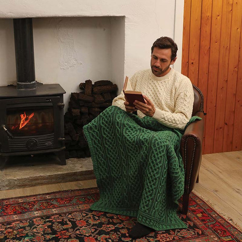 Classic Plaited Celtic Merino Wool Throw White Blend Wharm A105 ShamrockGift.com