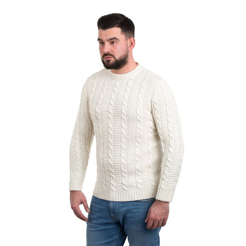 SAOL Men's Aran Crew Neck Sweater AWM210 Natural ShamrockGift.com