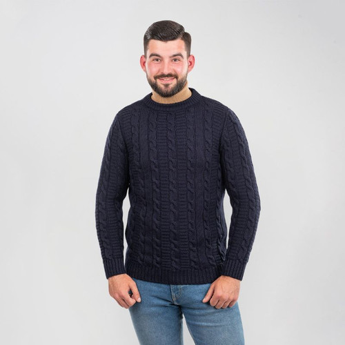 SAOL Men's Aran Crew Neck Sweater AWM210 Navy ShamrockGift.com