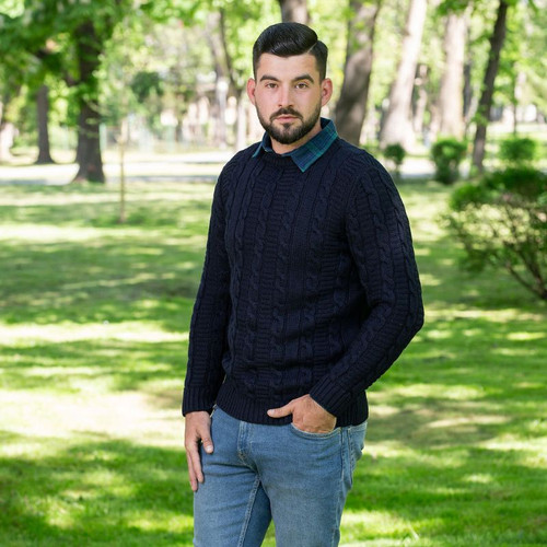 SAOL Men's Aran Crew Neck Sweater AWM210 Navy Lifestyle. ShamrockGift.com