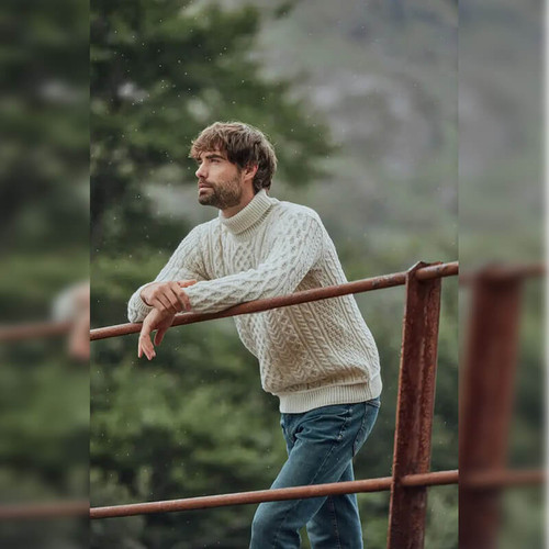 Men's Irish Traditional Aran Wool Pullover Sweater B406 Natural White ShamrockGift.com
