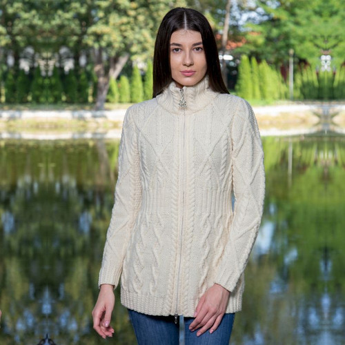 ML142 - 100 SAOL Ladies Merino Wool Cable Aran Cardigan With Zipper ShamrockGift.com  ML142 - 100 SAOL Ladies Merino Wool Cable Aran Cardigan With Zipper ShamrockGift.com