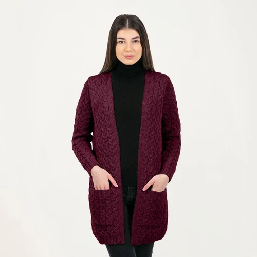 ML166 108 Wine Ladies Long Open Front Drape Cardigan Front View ShamrockGift.com