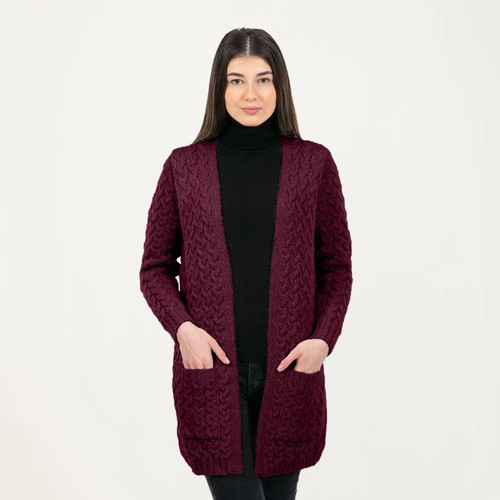ML166 108 Wine Ladies Long Open Front Drape Cardigan Front View ShamrockGift.com
