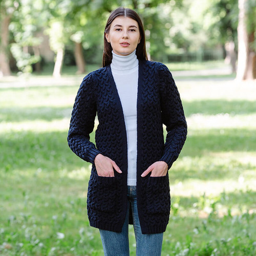 ML166 104 Navy Blue Ladies Long Open Front Drape Cardigan Front View ShamrockGift.com