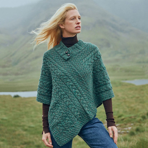 A200-403-CONNEMARA-GREEN Colour Merino Wool Aran Poncho Cable Basket Stitches ShamrockGift.com A200-403-CONNEMARA-GREEN Colour Merino Wool Aran Poncho Cable Basket Stitches ShamrockGift.com